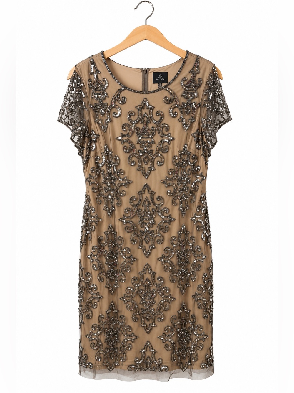 Adrianna Papell Taupe Beaded Cocktail Dress Size 16 Sheer Embellished Evening